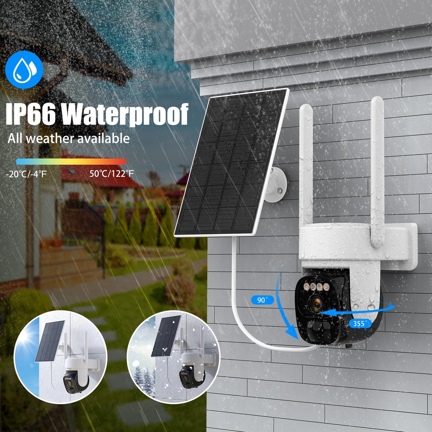 Wireless Outdoor Solar Security Camera 2K 360 Degree Panoramic PTZ Tilt with AI Motion Detection CCTV Low Power 2.4G WiFi IP66