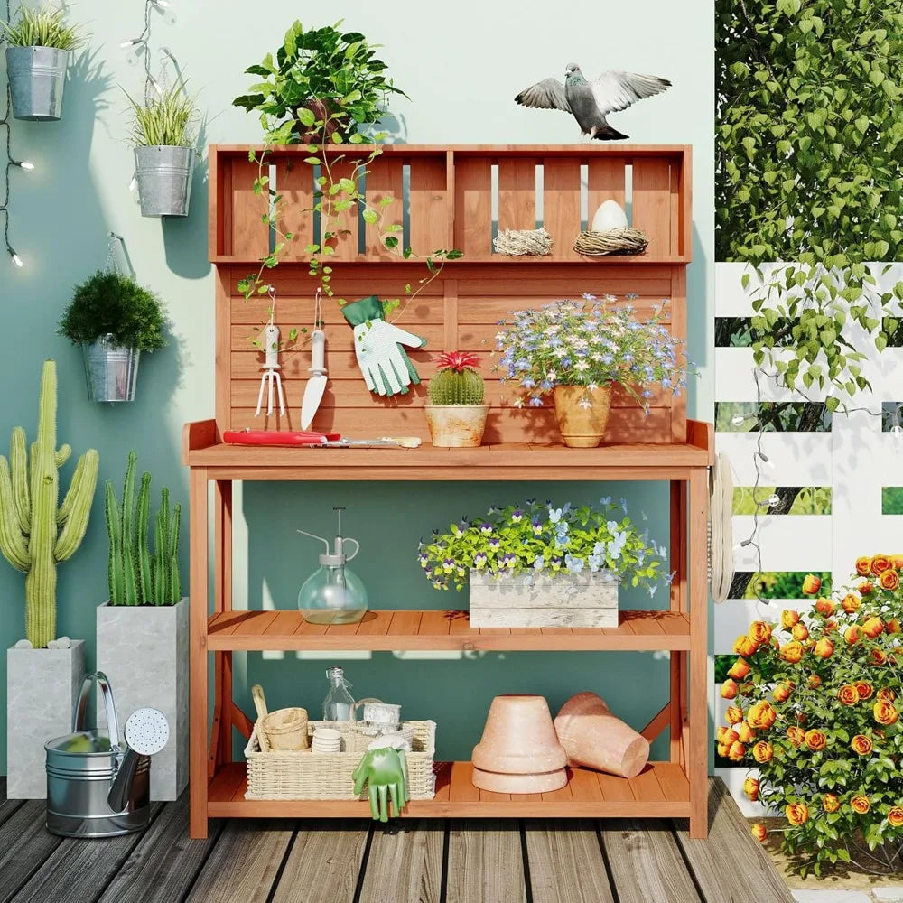 Large Wooden Farmhouse Rustic Outdoor Potting Bench Table with Storage Shelves