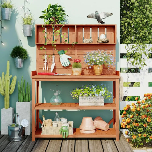 Large Wooden Farmhouse Rustic Outdoor Potting Bench Table with Storage Shelves