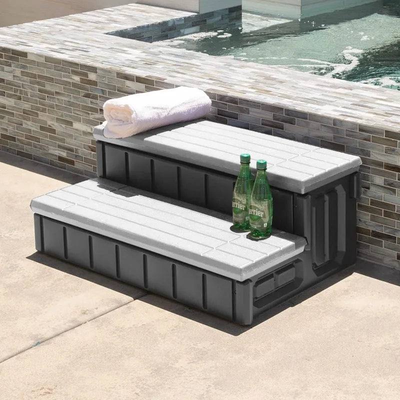 Universal Heavy Duty 2-Step Spa Hot Tub Step with Storage Compartment Grey