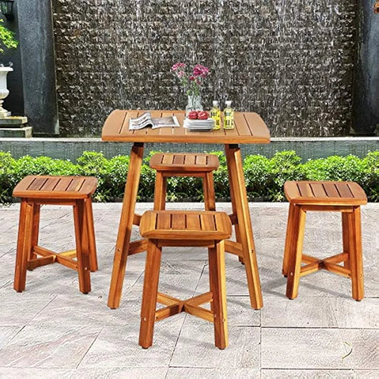 Acacia Wood 5 Piece Patio Dining Set With 4 Armless Stools