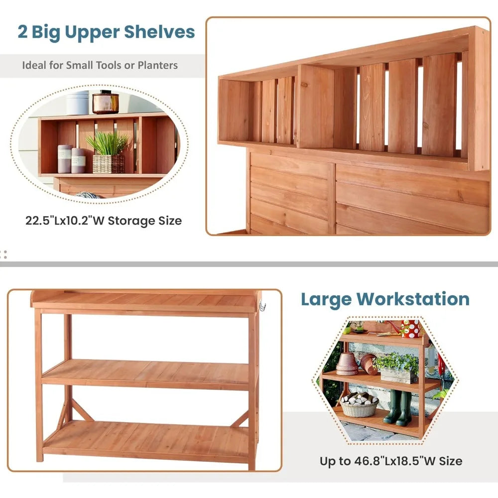 Large Wooden Farmhouse Rustic Outdoor Potting Bench Table with Storage Shelves