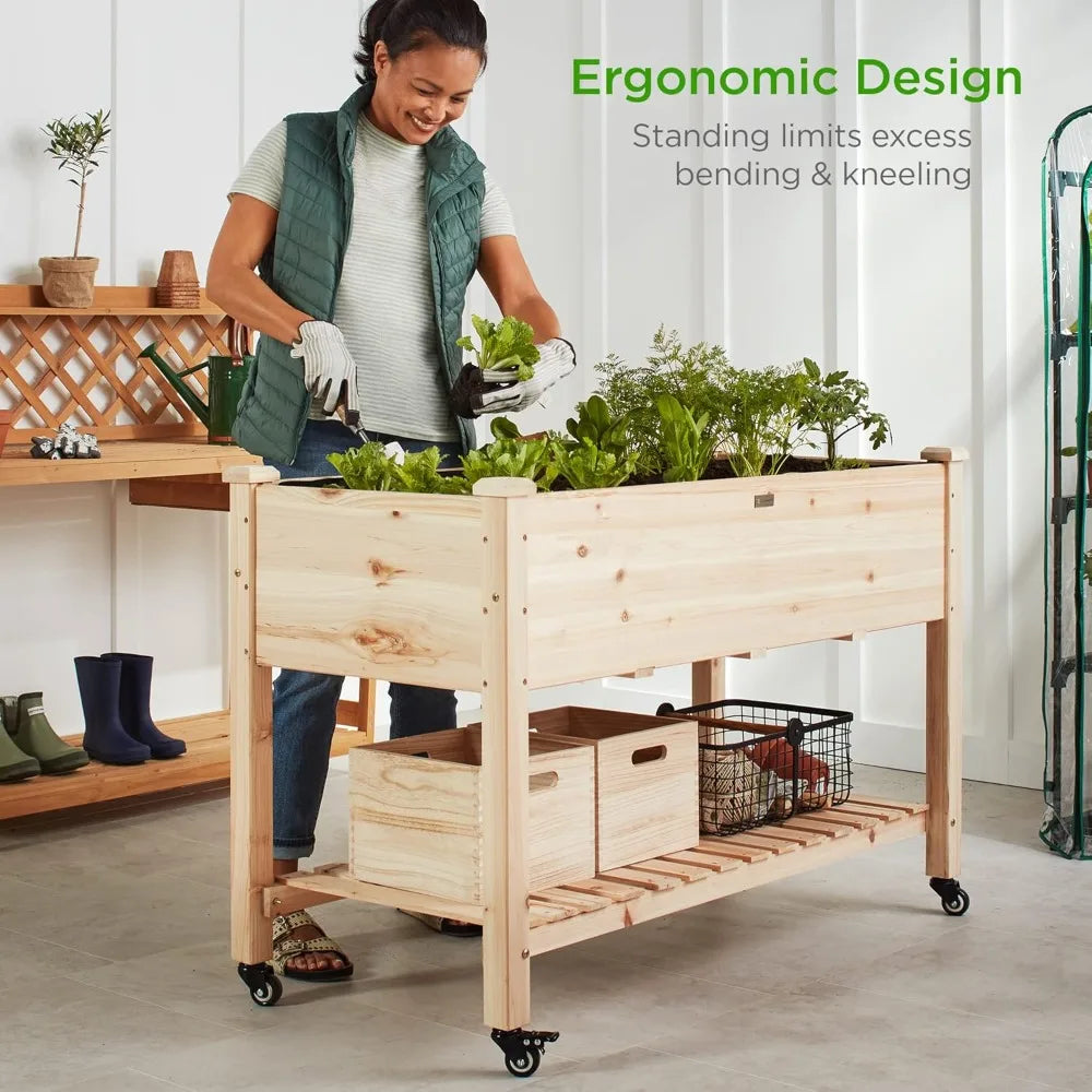 Mobile Elevated Raised Garden Bed with Lockable Wheels and Storage Shelf Natural