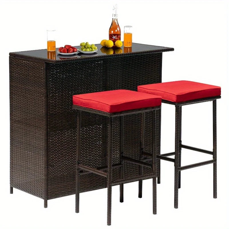 Three-Piece Outdoor Bar Set Wicker Counter High Table Set with Solid Frame