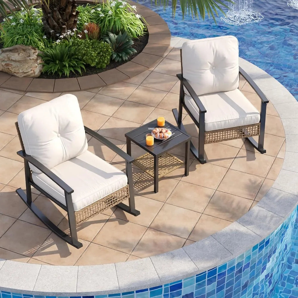 3 Piece Outdoor Rocking Bistro Set with Coffee Table and Thick Cushions