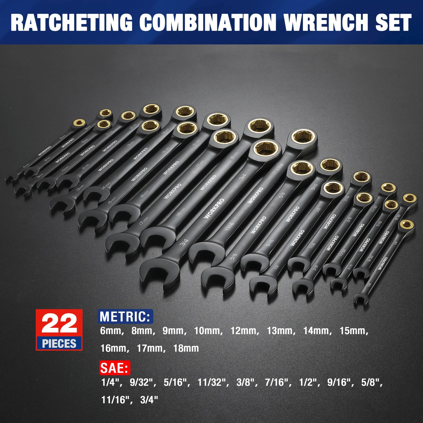 WORKPRO 22Piece Ratcheting Wrench Set With AntiSlip Teeth And Organizer Box For Car Repair And Maintenance