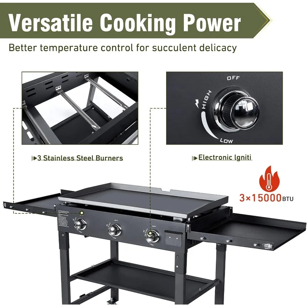 35 Inch 3 Burner Flat Top Grill 45000 BTU With Shelves