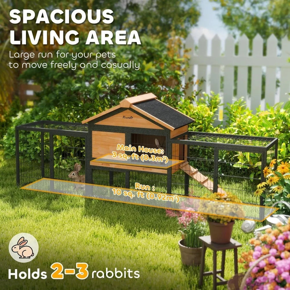 Rabbit Hutch Outdoor 85 Inch Large Wooden Bunny Cage with Steel Run Waterproof Roof Removable No Leakage Tray and Ramp