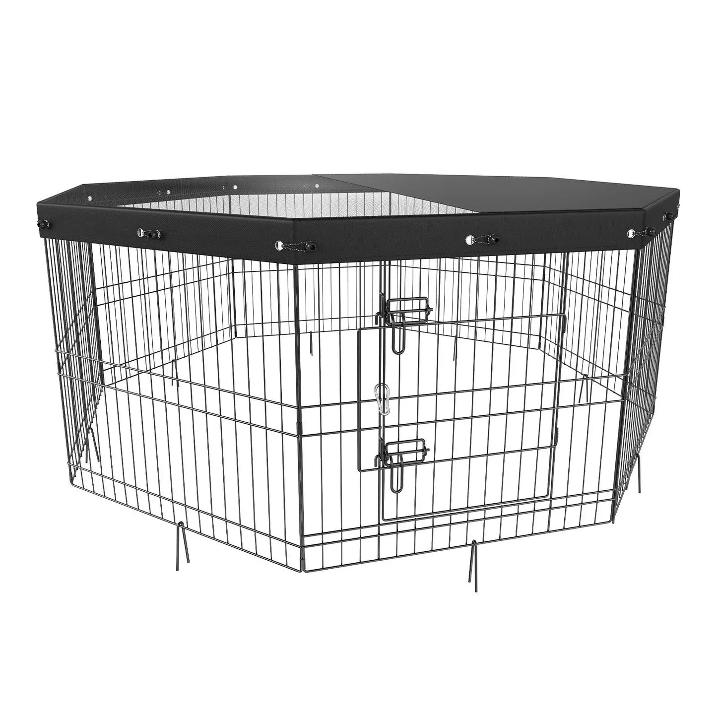 Foldable 8 Panel Metal Dog Playpen with Cover and Ground Stakes 24 Inch Height