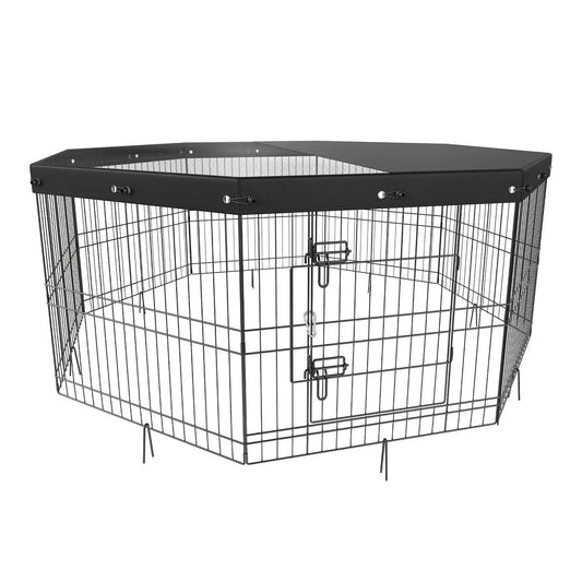Foldable 8 Panel Metal Dog Playpen with Cover and Ground Stakes 24 Inch Height