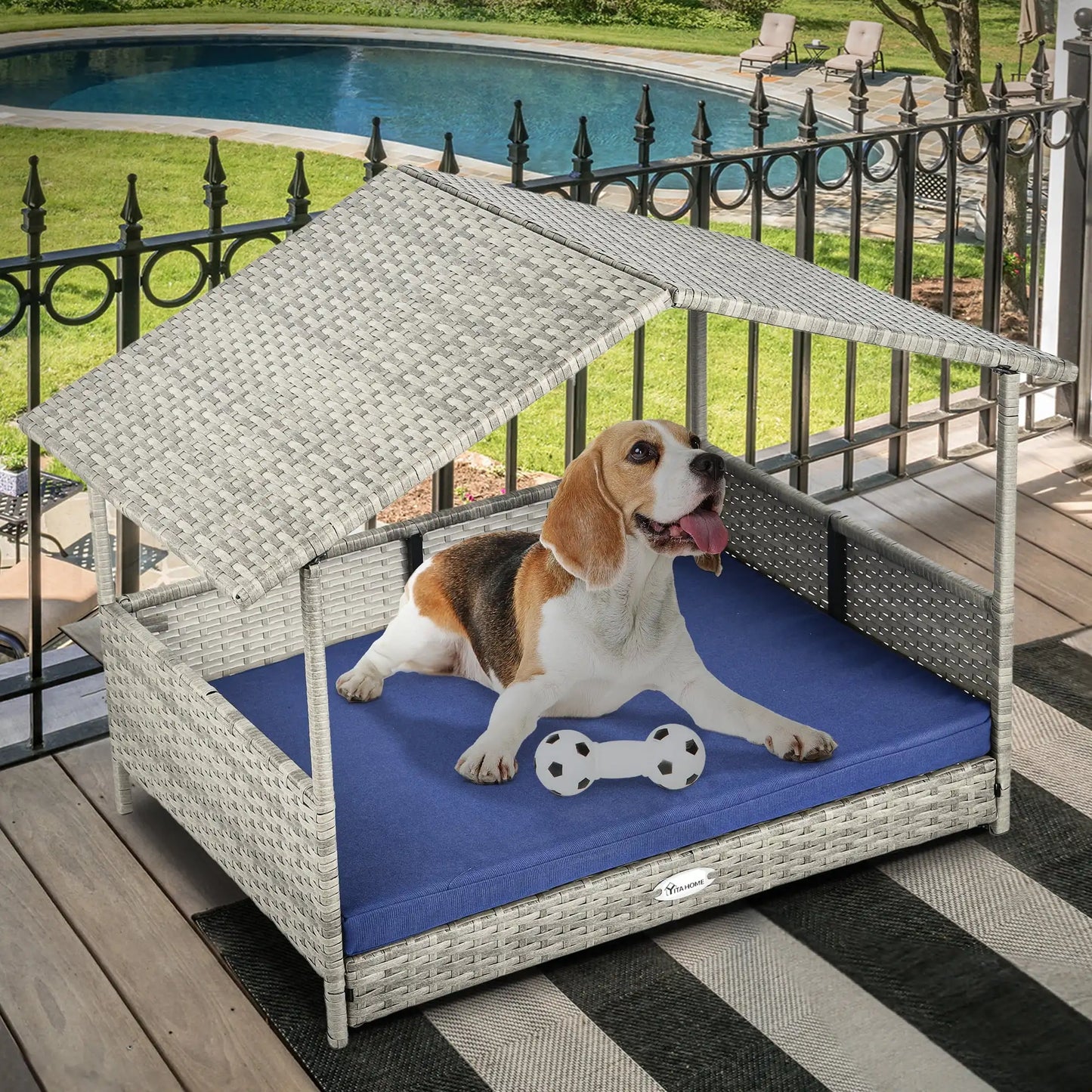 32.9 Inch Outdoor Rattan Doghouse with Canopy and Elevated Water Resistant Bed