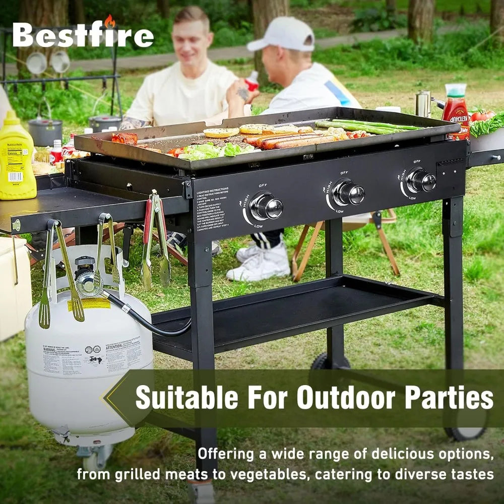 35 Inch 3 Burner Flat Top Grill 45000 BTU With Shelves