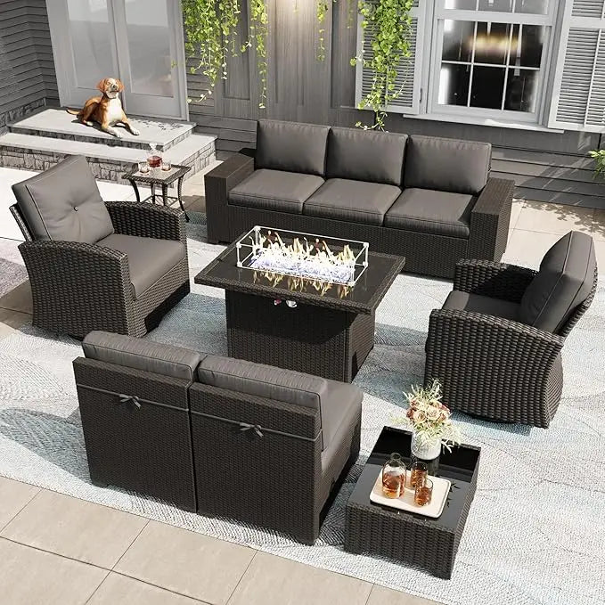 10 piece outdoor sofa set with fire pit table, modular rattan rotating rocking chair