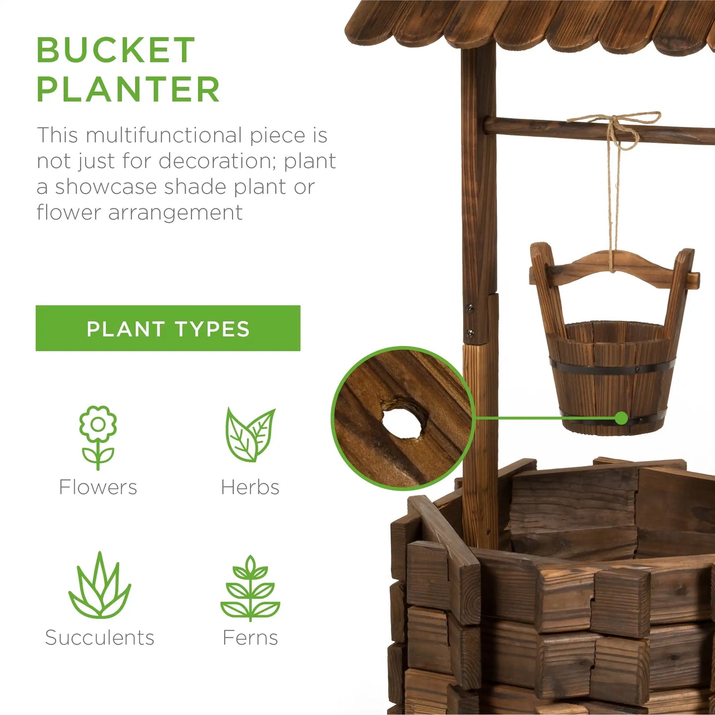 Rustic Wooden Wishing Well Planter with Hanging Bucket for Outdoor Decor