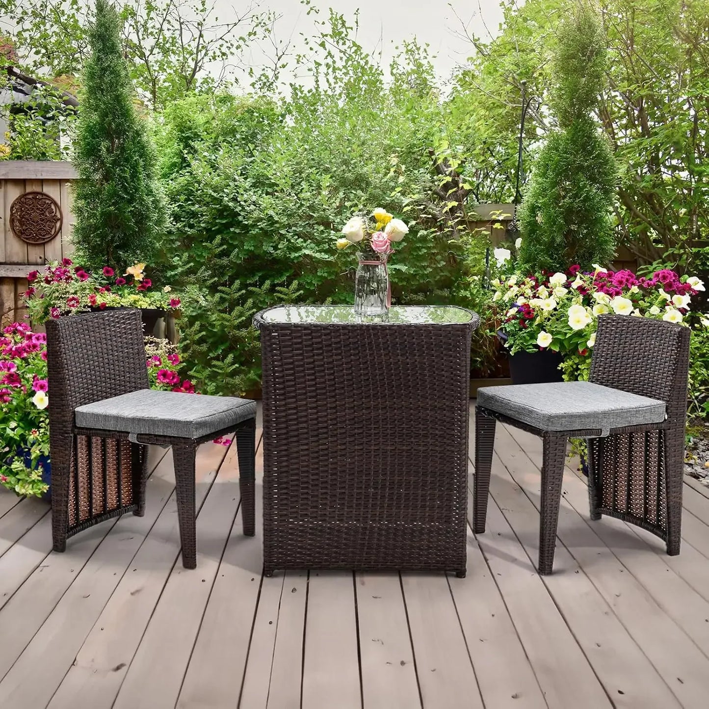 3 Piece Wicker Outdoor Patio Bistro Set with Glass Top Table and Dining Chairs for Small Spaces