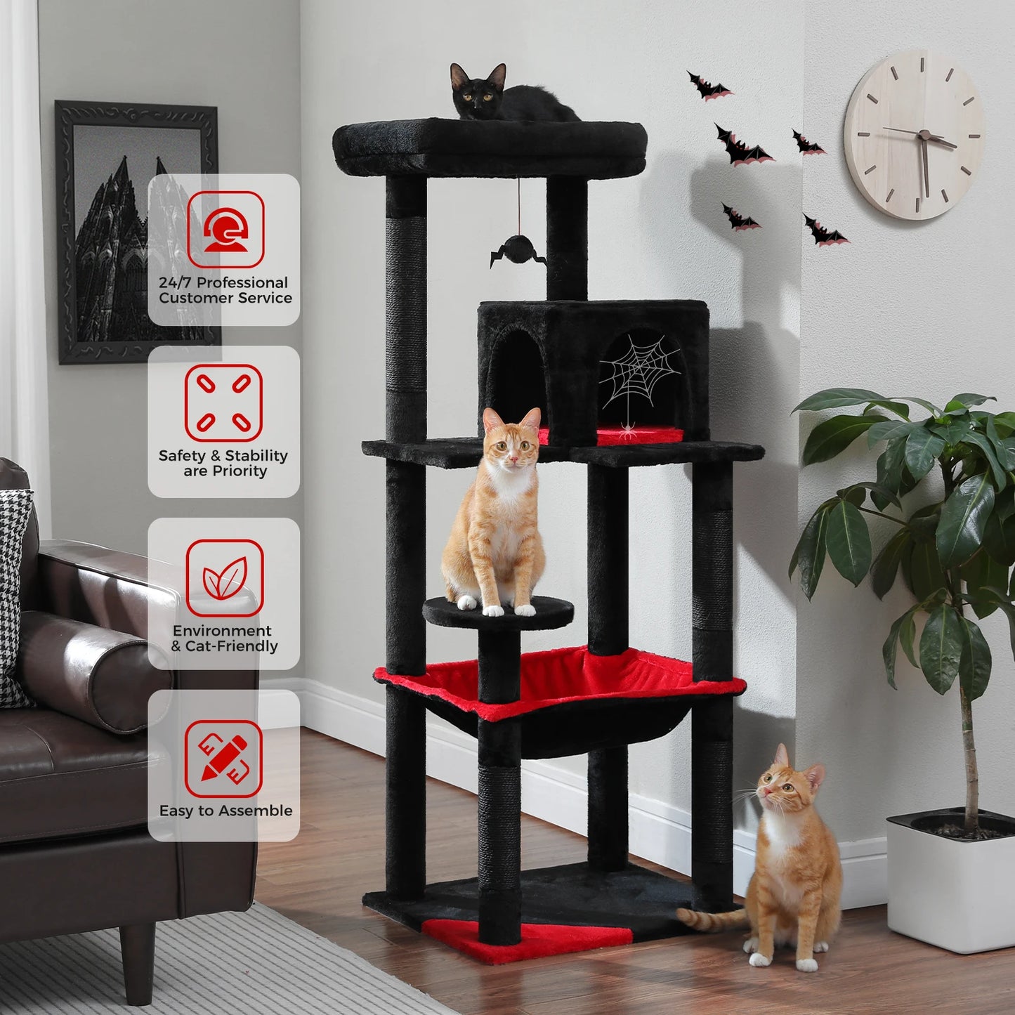 Gothic Cat Tree Tall Cat Tower with Super Large Hammock
