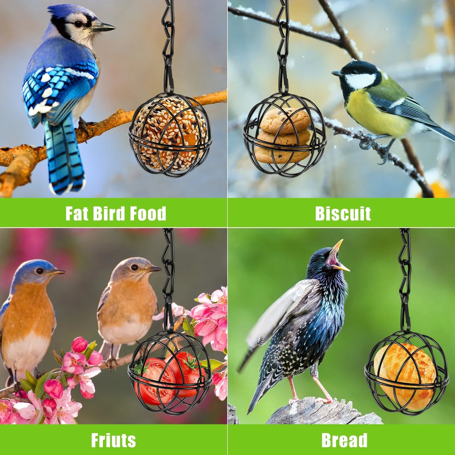 4 Pack Suet Ball Bird Feeder Set Metal Station Kit Outside