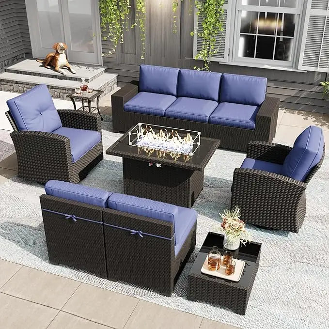 10 piece outdoor sofa set with fire pit table, modular rattan rotating rocking chair