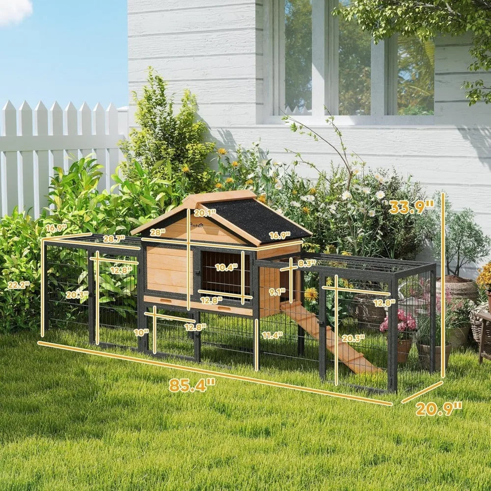 Rabbit Hutch Outdoor 85 Inch Large Wooden Bunny Cage with Steel Run Waterproof Roof Removable No Leakage Tray and Ramp