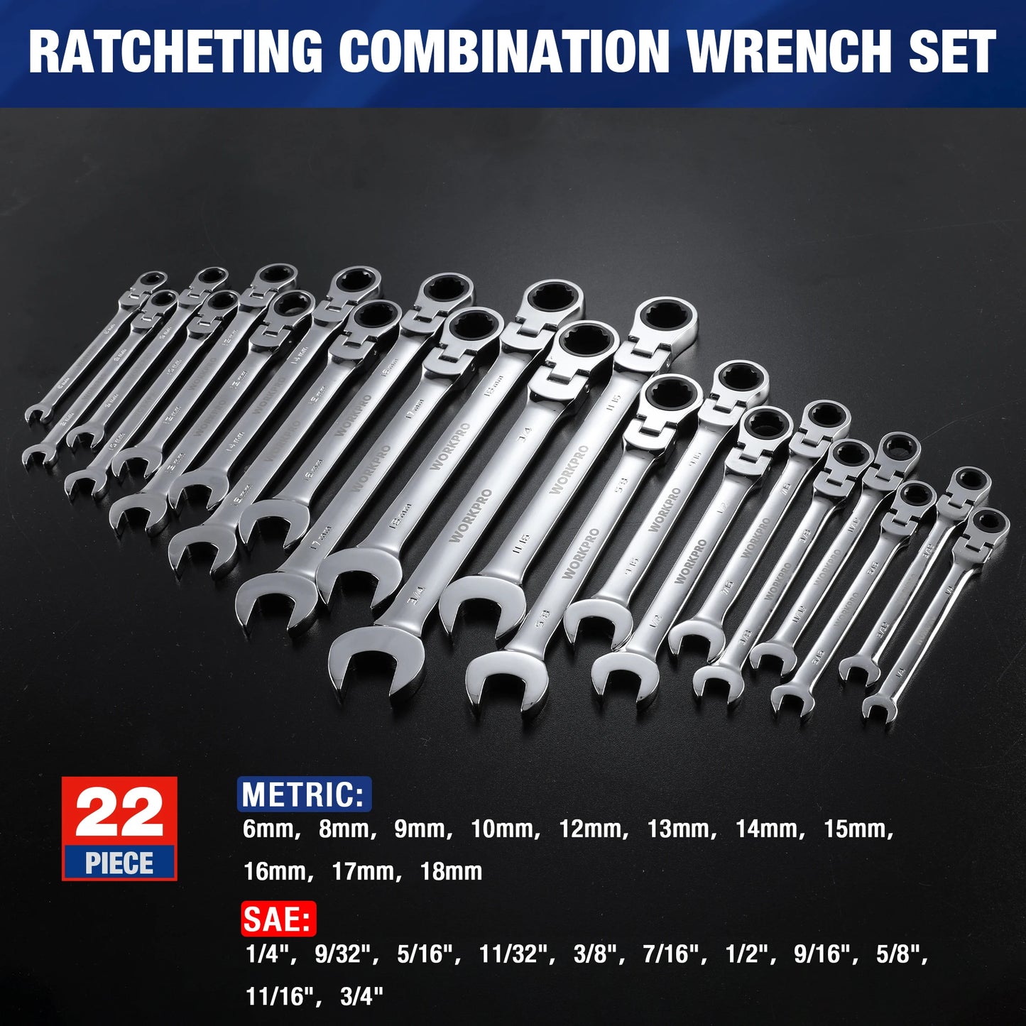 WORKPRO 22 Piece Ratcheting Wrench Set With Flex Head 72 Tooth Precision Gear For Automotive Repair Organizer Box