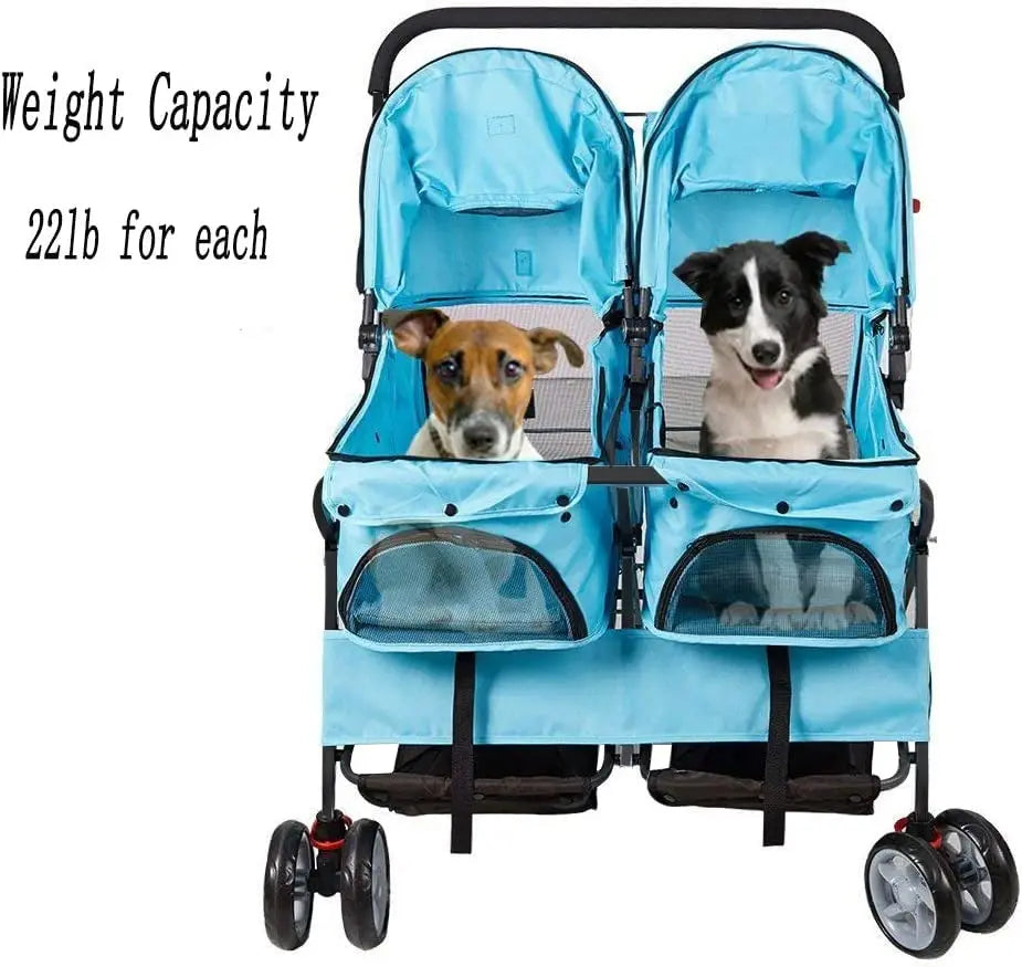 Foldable Double Pet Stroller for Two Dogs Cats with Four Wheels and Storage