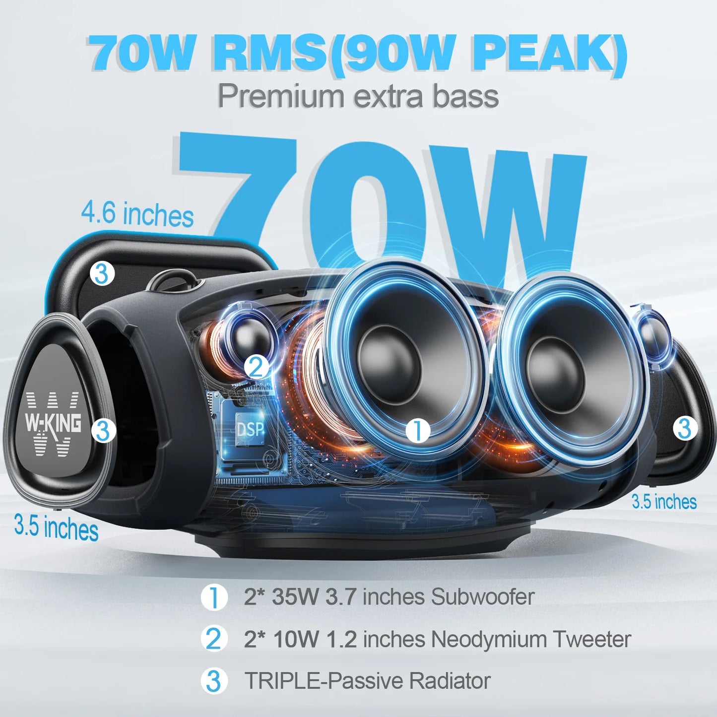 W-KING 70W Portable Loud Bluetooth Speakers with Microphone