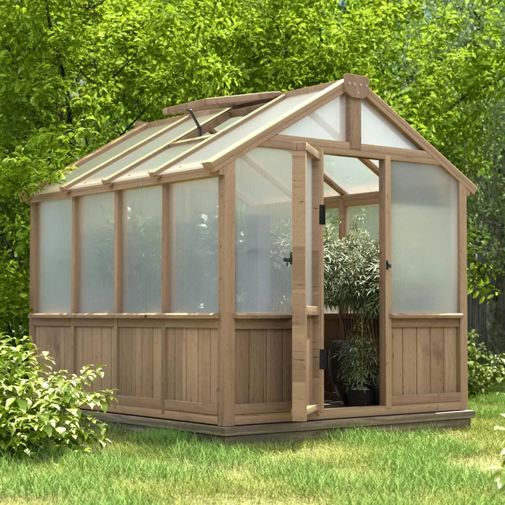 6x8FT Outdoor Greenhouse with Cedar Frame 6MM Thick Polycarbonate Sheet and Adjustable Vents