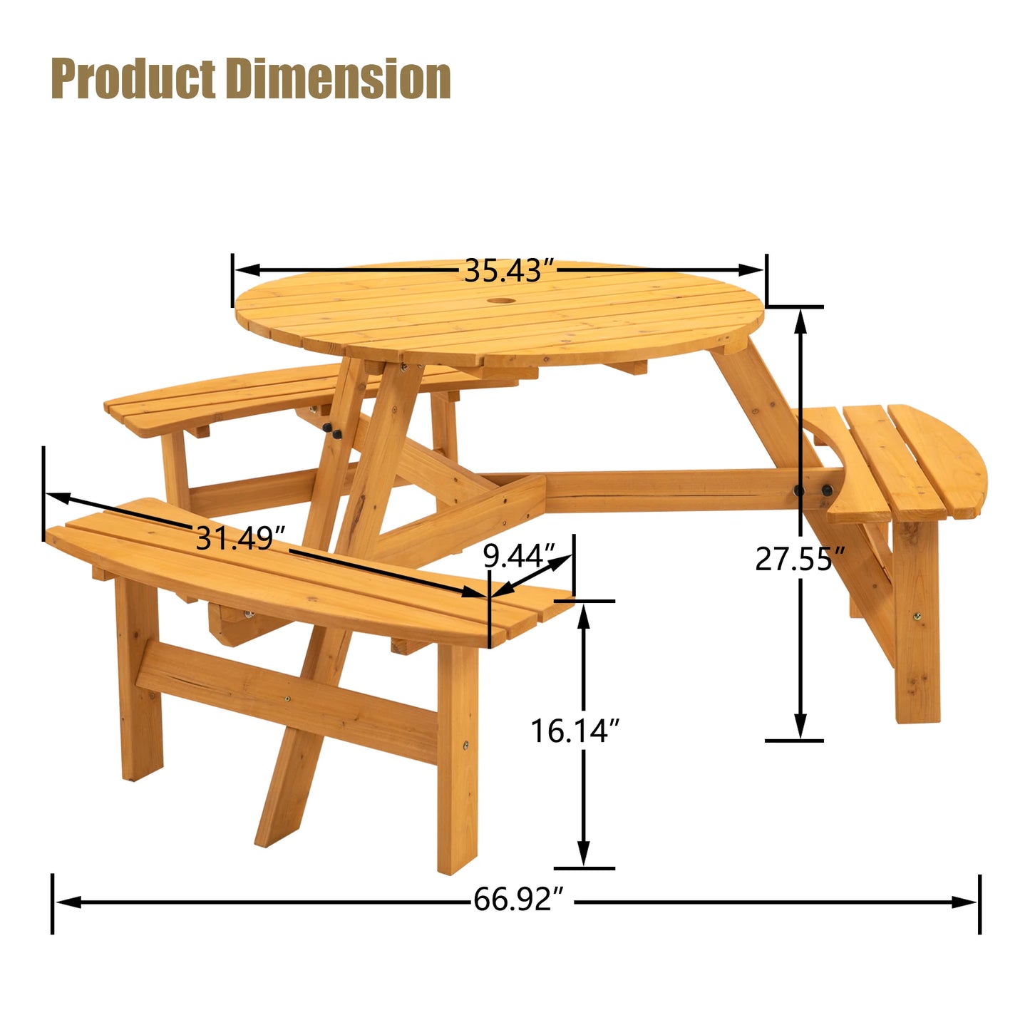 LZBEITEM 6 Person Outdoor Circular Wooden Picnic Table with Benches Set
