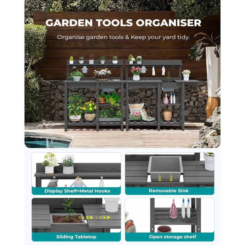 Gray HDPE Outdoor Potting Bench with Sink for All Weather Gardening Use