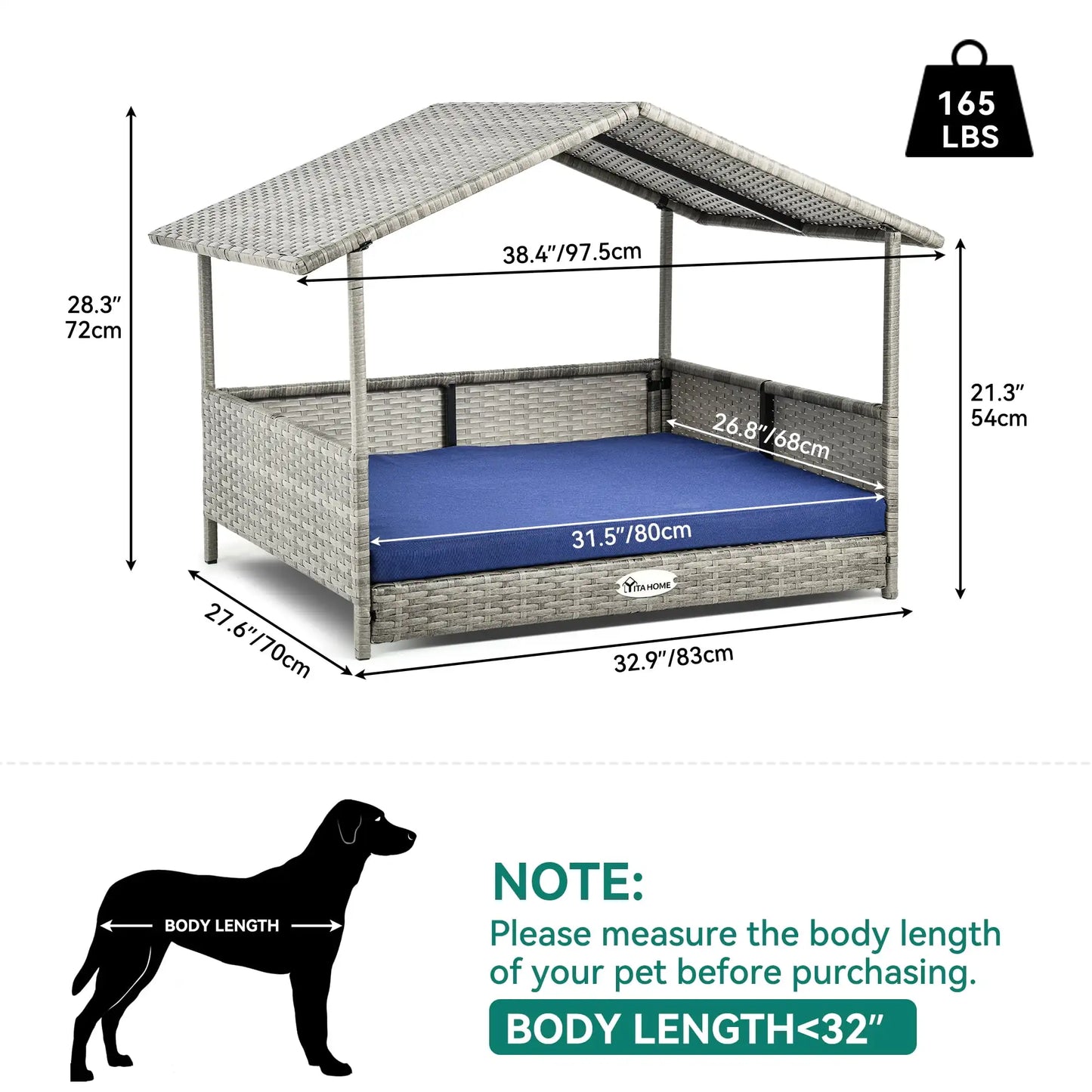 32.9 Inch Outdoor Rattan Doghouse with Canopy and Elevated Water Resistant Bed