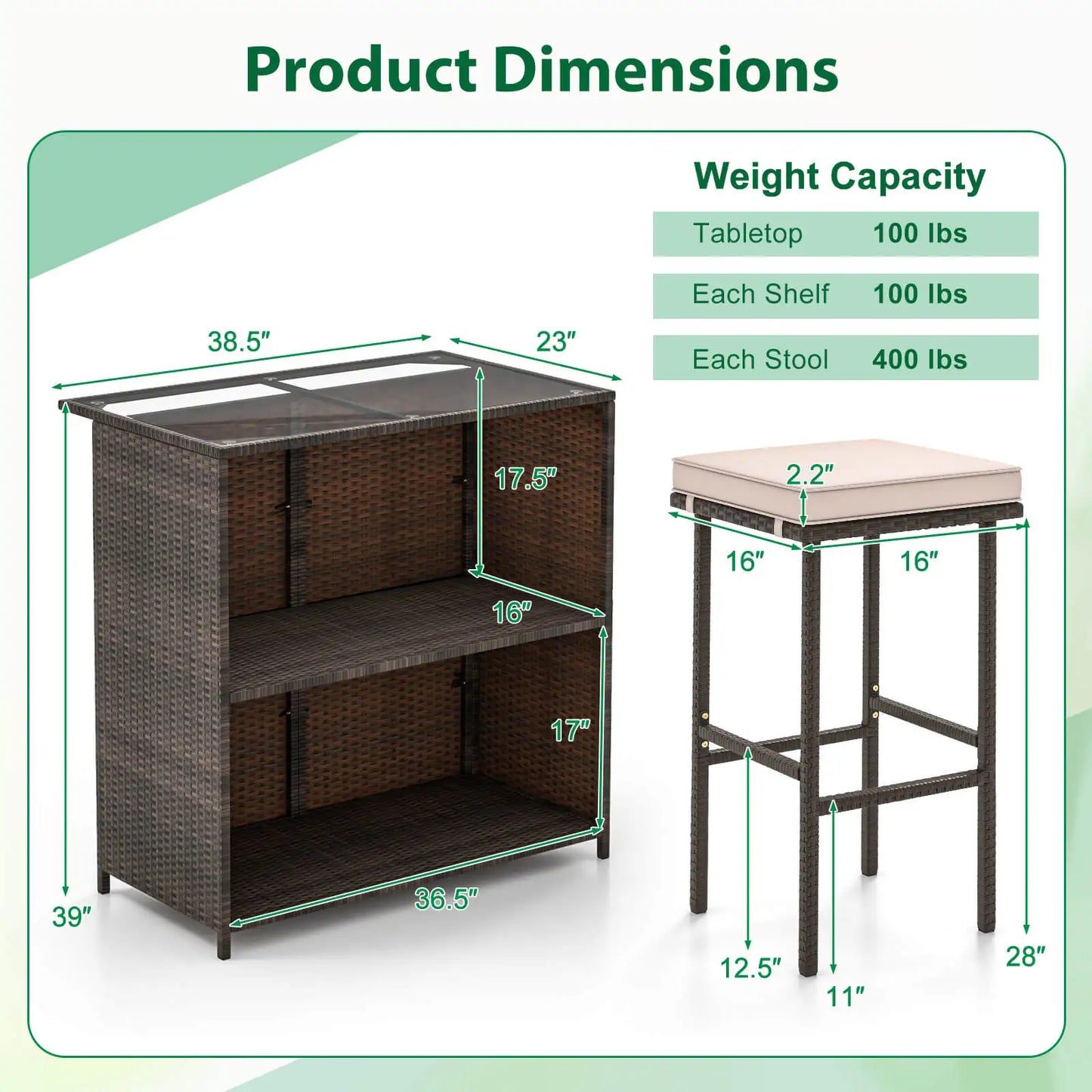 3 PCS Patio Bar Set with Tempered Glass Tabletop 2-Tier Storage Removable Cushions