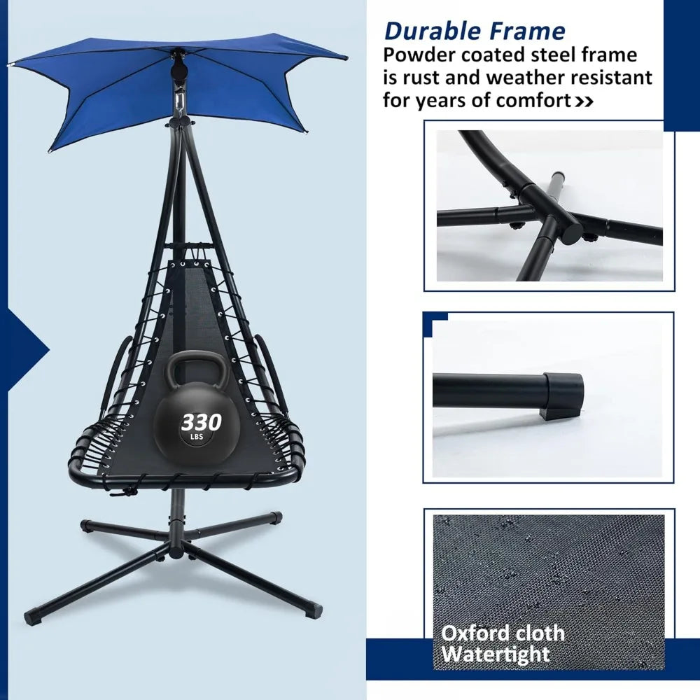 Hanging Curved Steel Chaise Lounge Swing w/Built-in Pillow and Removable Canopy for Patio Porch