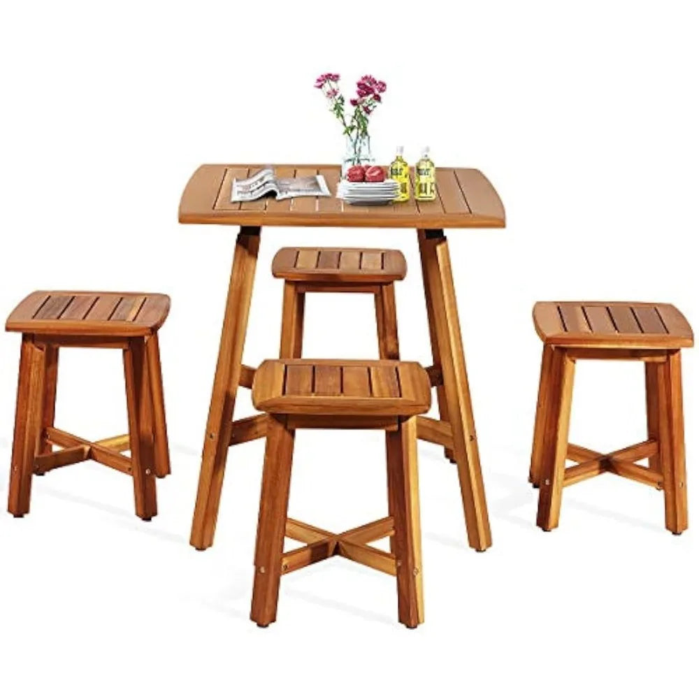 Acacia Wood 5 Piece Patio Dining Set With 4 Armless Stools