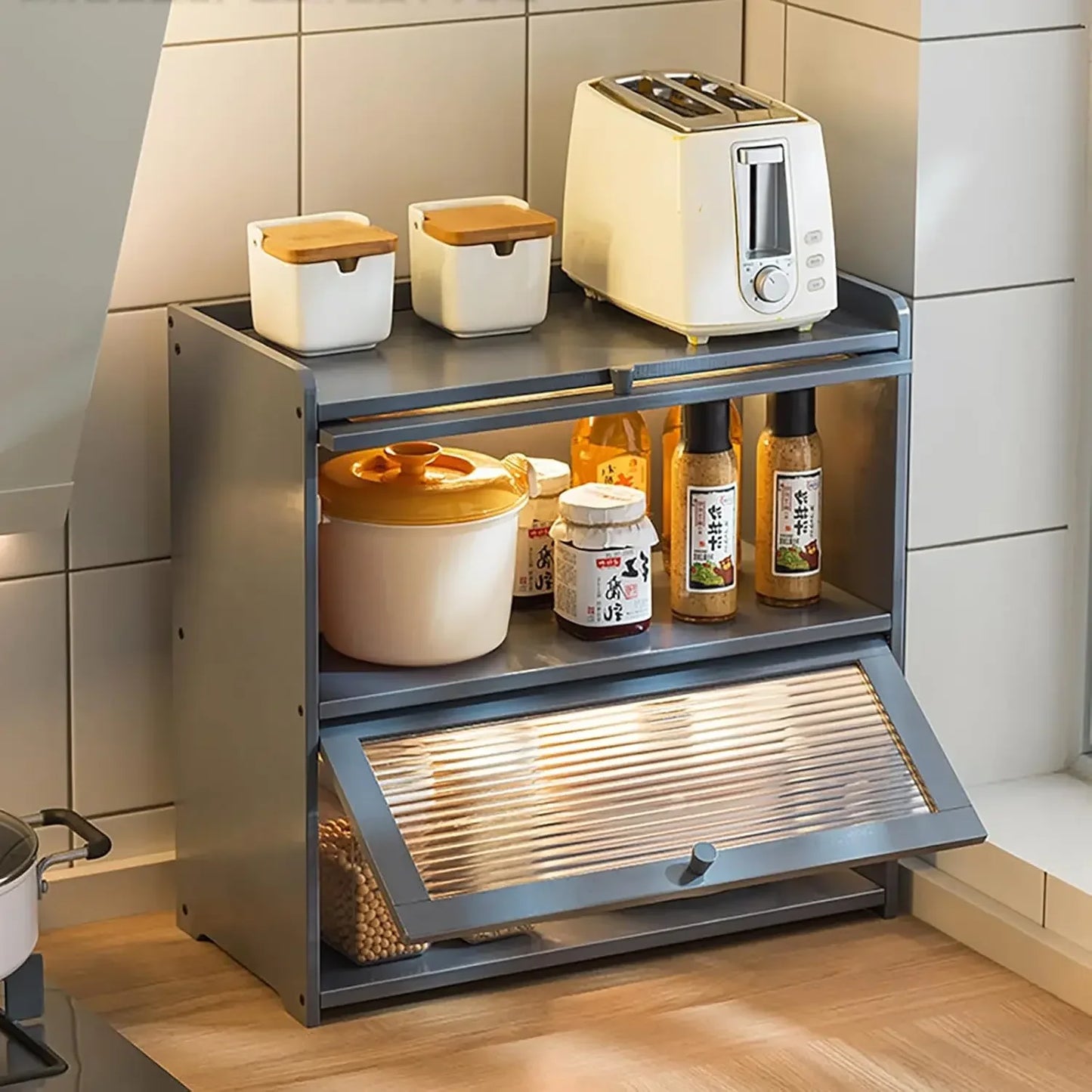 Small Bamboo Kitchen Pantry Sideboard Storage Cabinet with Acrylic Door