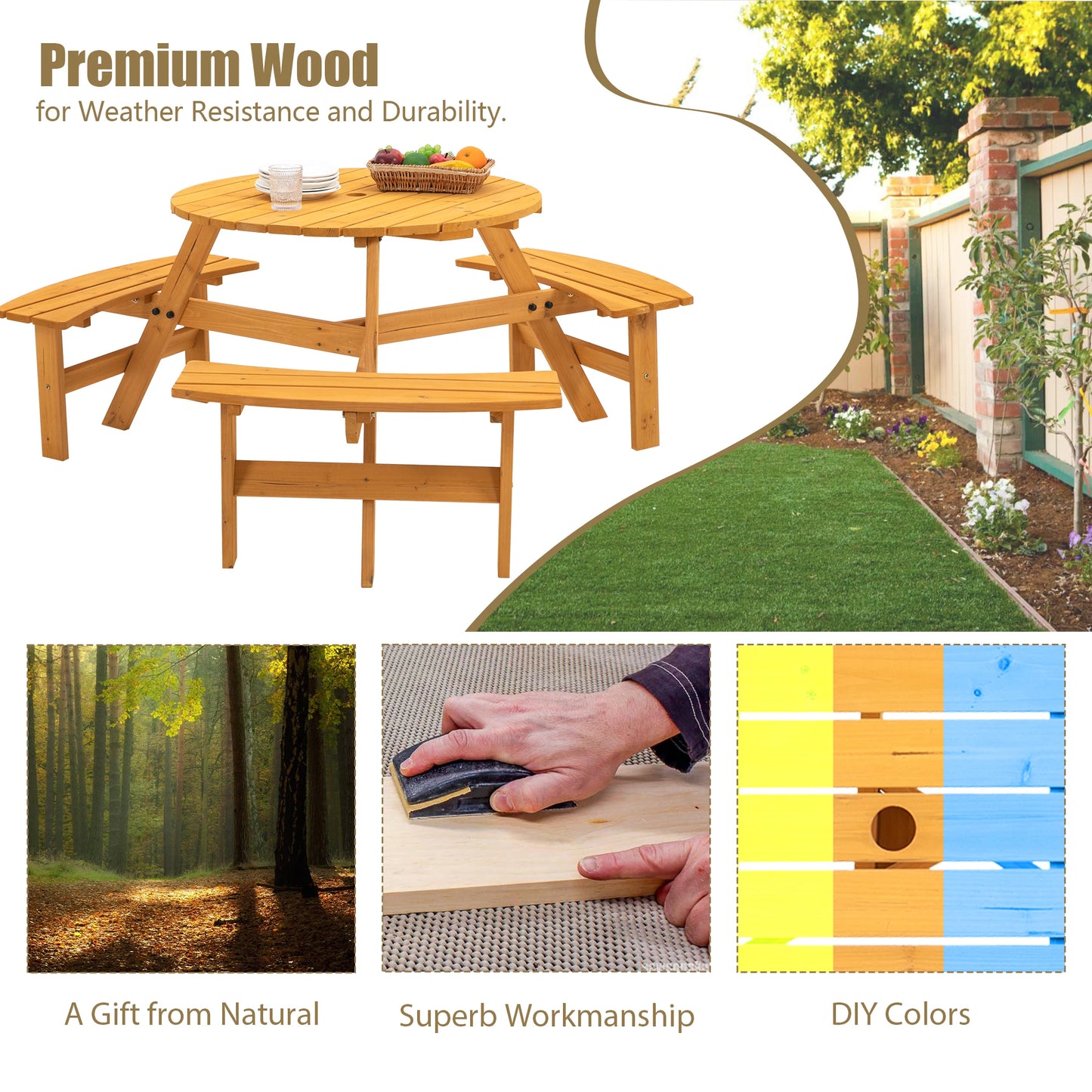 LZBEITEM 6 Person Outdoor Circular Wooden Picnic Table with Benches Set
