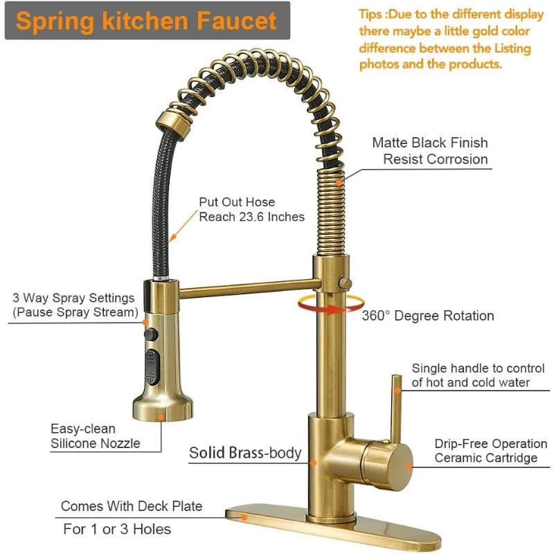 Brushed Gold High Arc Spring Kitchen Faucet with Pull Down Sprayer, Single Lever Kitchen. Handle