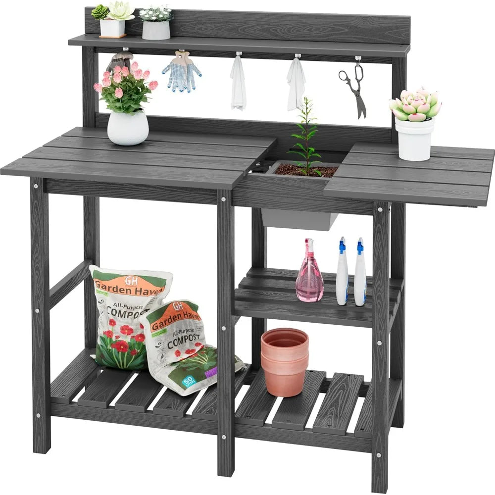 Gray HDPE Outdoor Potting Bench with Sink for All Weather Gardening Use