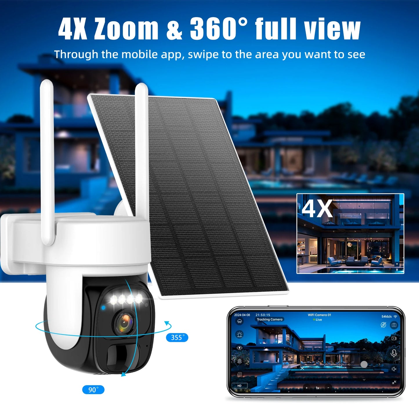 Wireless Outdoor Solar Security Camera 2K 360 Degree Panoramic PTZ Tilt with AI Motion Detection CCTV Low Power 2.4G WiFi IP66