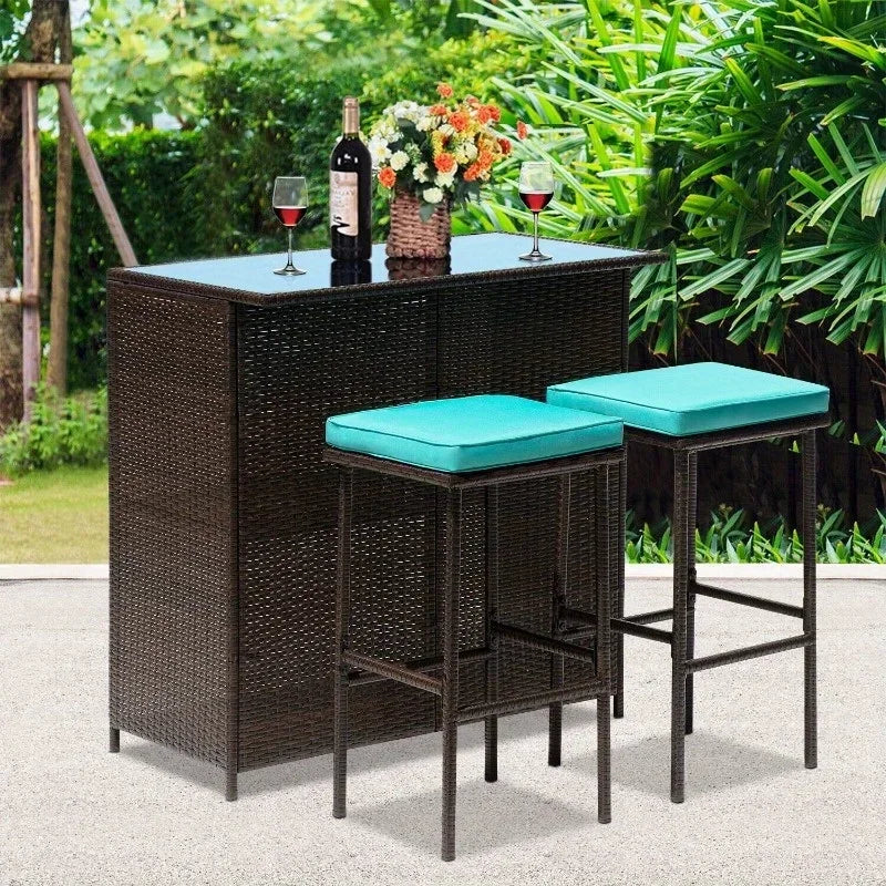 Three-Piece Outdoor Bar Set Wicker Counter High Table Set with Solid Frame