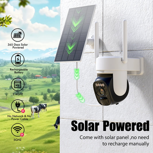 Wireless Outdoor Solar Security Camera 2K 360 Degree Panoramic PTZ Tilt with AI Motion Detection CCTV Low Power 2.4G WiFi IP66