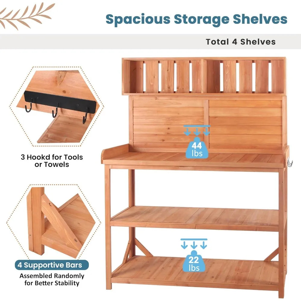 Large Wooden Farmhouse Rustic Outdoor Potting Bench Table with Storage Shelves