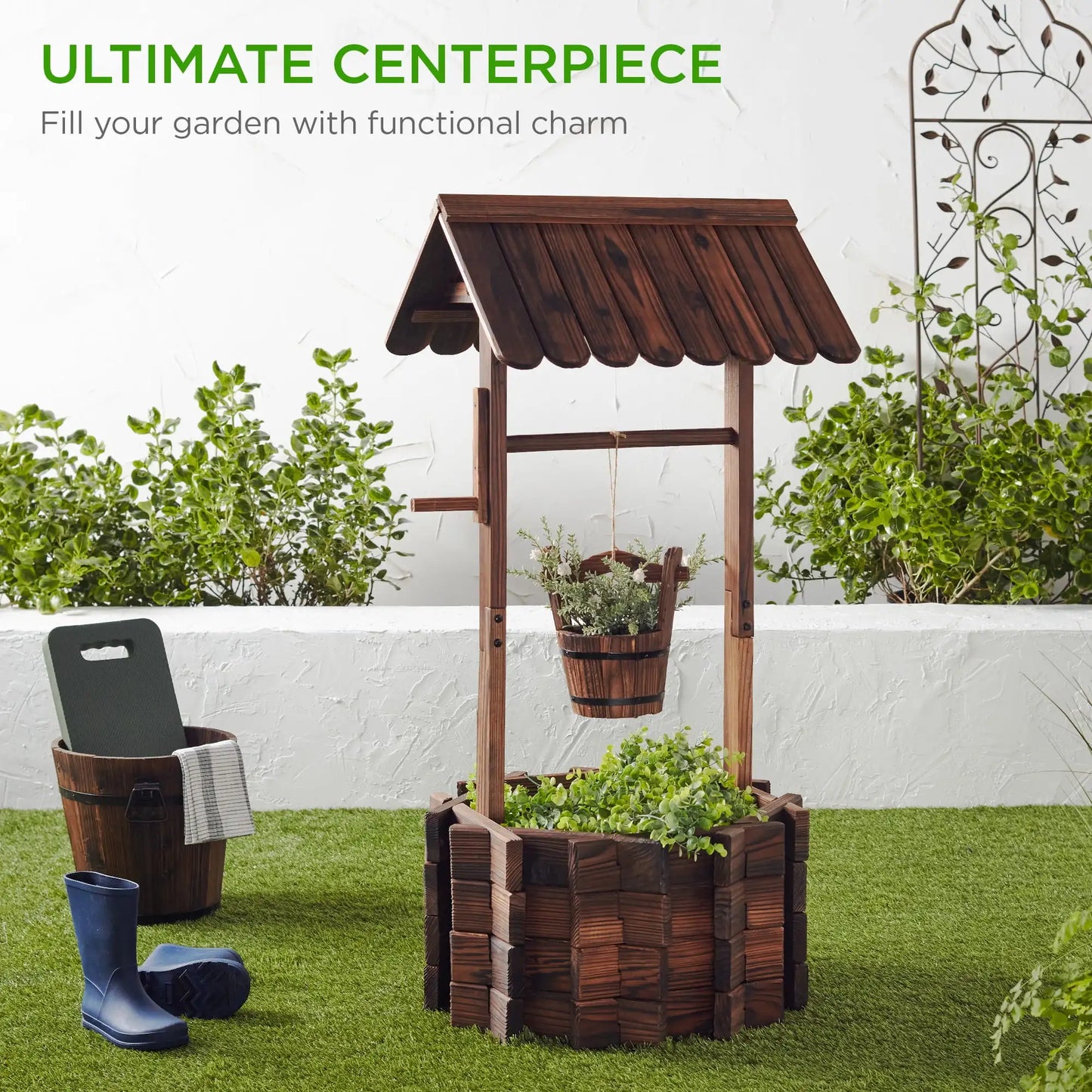 Rustic Wooden Wishing Well Planter with Hanging Bucket for Outdoor Decor