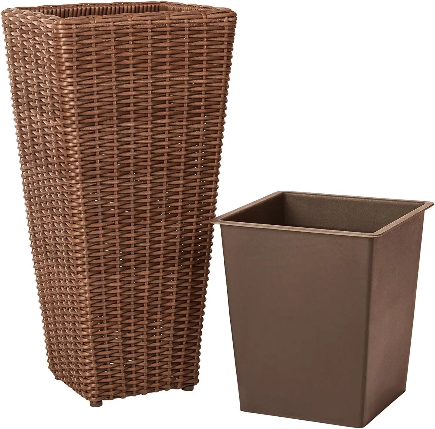 Wicker All Weather Planter Set with Liners for Outdoor Herb Garden Mocha Pack of 2