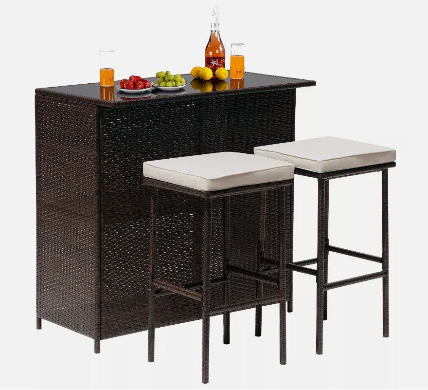 Three-Piece Outdoor Bar Set Wicker Counter High Table Set with Solid Frame