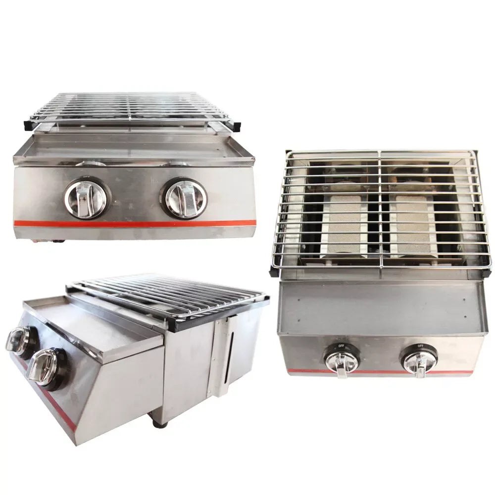 Portable 2 Burner Stainless Steel LPG Tabletop Grill